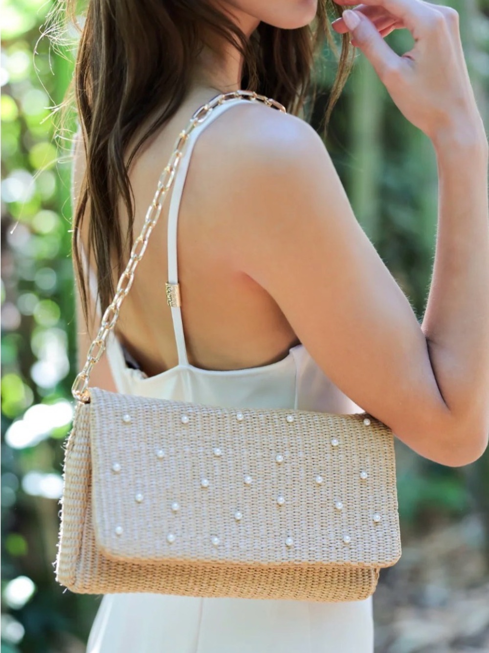NWOT Shiraleah Raffaella Pearl Shoulder Crossbody Bag Natural Woven Straw Chain